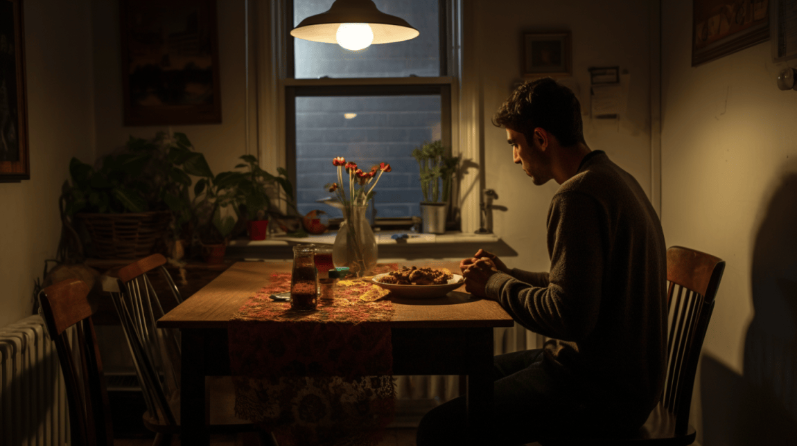 man dining alone in his apartment