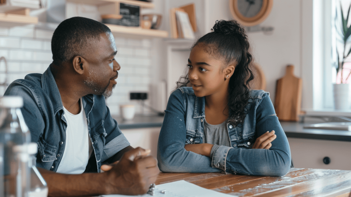 a dad talks with his daugther about drugs