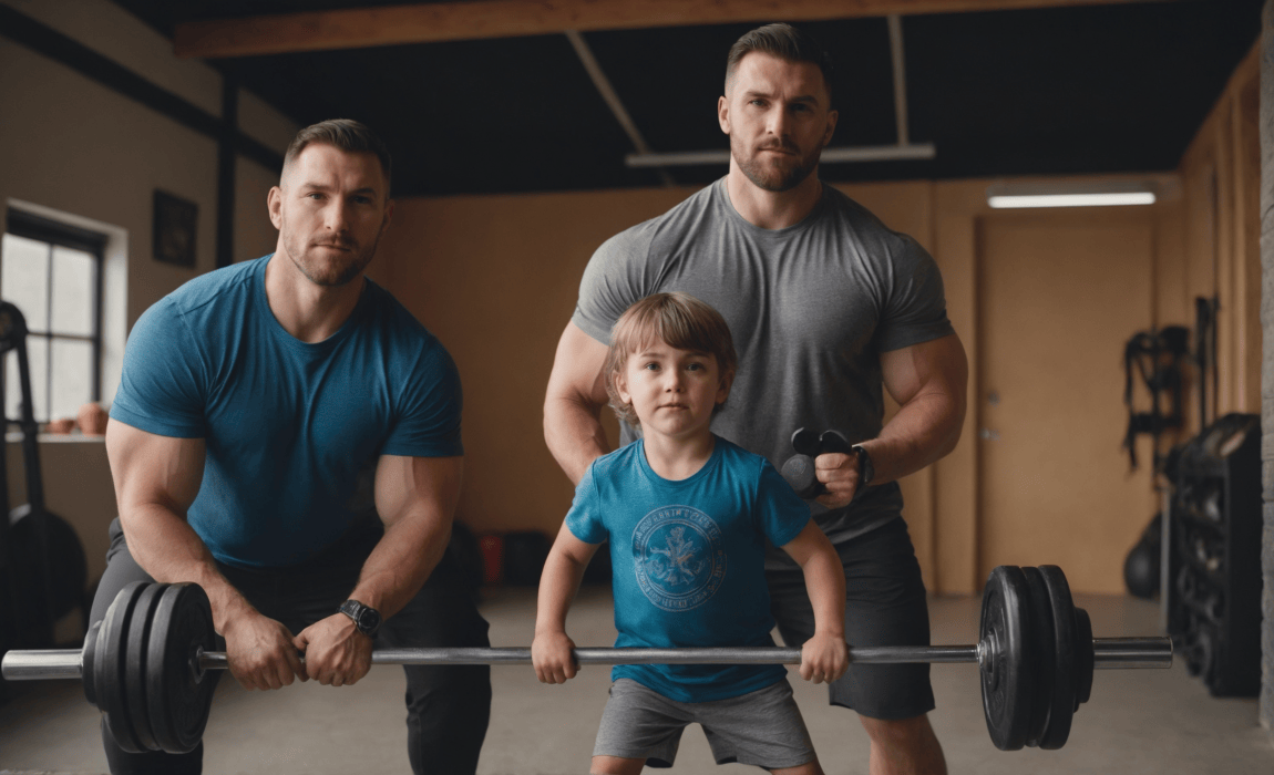 two youthful looking fit dads working out with their son