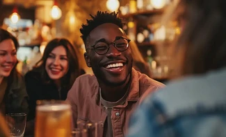 male confidence at bar with friends