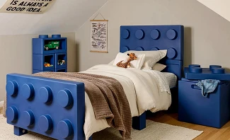 Step2 Contemporary Builders Kids Bedroom Set in blue with block-inspired twin bed, modular storage cubes, and toy box in styled kids room