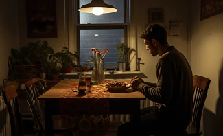 man dining alone in his apartment
